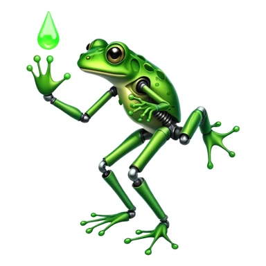 mutant frog with mechanical leg and toxic green glow sticker