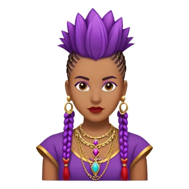 Brown skinned woman who is 5ft 6in with a mohawk individual braids, wearing a purple,  gold and red dashing wearing royalty jewelry sticker