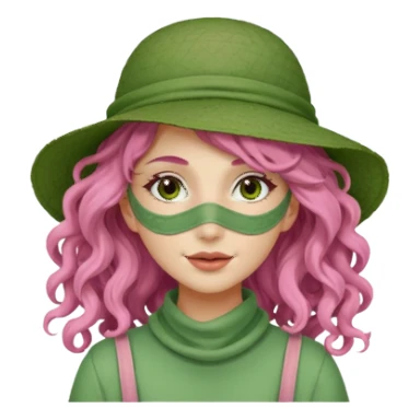 pink haired very long curly haired woman with full full face green clay mask and a hat sticker