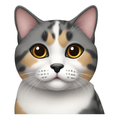 senior chubby diluted calico cat, grey chin, black nose, grey ears, grey and white sticker