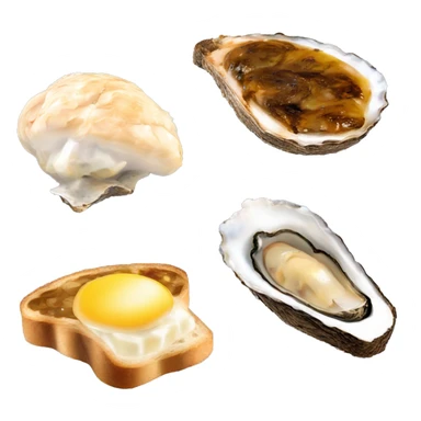 slice of black toasted bread with pan of oysters, fire turkey with cheey face sticker