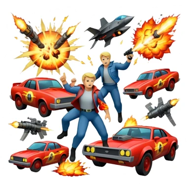 Icon for Action Movies Collage: Collage of iconic action movie elements, including explosions, a hero with weapons, a high-speed chase, and dramatic fight scenes. The design should be dynamic, colorful, and full of energy, capturing the essence of action films. Transparent background. sticker