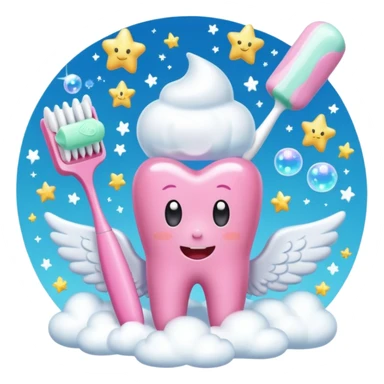 Giant cartoon toothbrush, pink toothbrush, cute molar character with angel wings, tube of pastel toothpaste, sparkles, magical sparkles, shooting stars, fluffy white clouds, soap bubbles, floating tooth fairy coins. sticker
