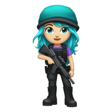 Girl, white skin, tactical vest, dark pants, long teal hair, blue eyes, purple beanie hat, gun, black combat boots sticker