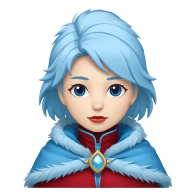 Fantasy human emoji portrait, simple winter mantle with icy blue fur trim and crimson inner fabric, northern winter aesthetic, calm heroic expression, clean flat emoji design, female variant
 sticker