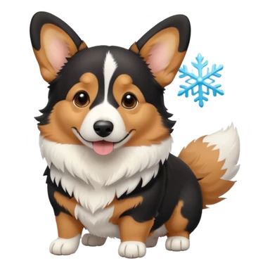 black tricolor corgi with no tail and a snowflake on it's nose sticker