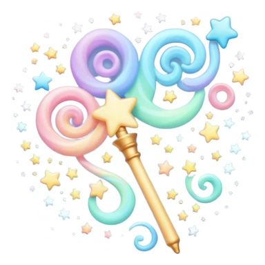 Cinematic cute magical wand, pastel swirls of color, tiny twinkling stars floating around, glowing softly, chubby rounded edges, whimsical and dreamy. sticker