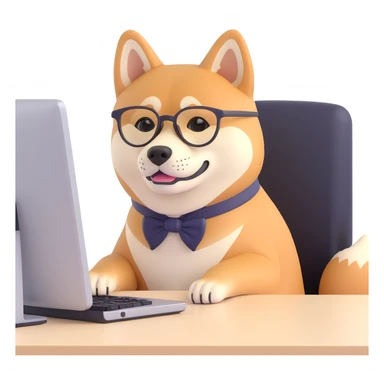 shiba inu with eye glasses and computer sticker