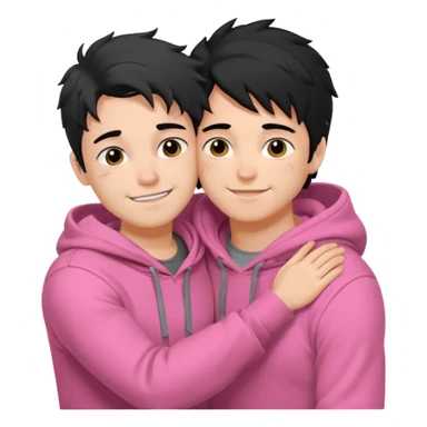 generate a pretty bratz fair skinned boy with messy black hair in a grey hoodie. Hugging his girlfriend who is wearing pink. Make him muscled. Boy in grey hoodie, girl in pink sticker