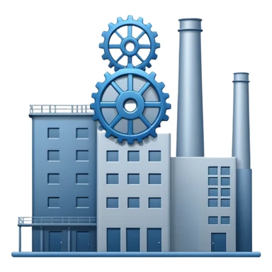 "A minimalist vector icon of a modern manufacturing factory building with a gear symbol above it. Blue and grey color scheme, flat design, white background, simple thick lines, professional business logo style." sticker