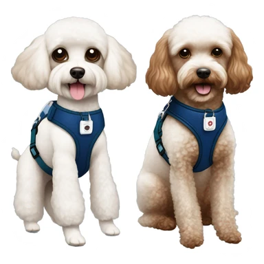 Brown toy poodle with teddy bear haircut wearing dark blue harness and all white Maltese wearing dark green harness sticker
