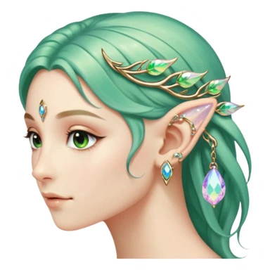 portrait of Elvish fae shiny sparkly iridescent translucent diaphanous ear climber ear cuff sticker