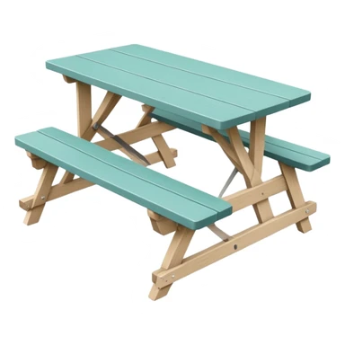 simple rectangular picnic table with attached benches, soft teal color, straight vertical legs, small wheels underneath, flat wood-style silhouette, muted teal tone, clean geometry, minimal shading, slightly theatrical sticker