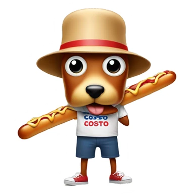 Costco hotdog mascot wearing a Costco bucket hat eating a smaller hotdog sticker