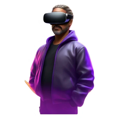 Big Lebowski wearing a black hoodie with "OMG" letters on it and VR headset oculus quest 2 in a cyberpunk VR environment with violet neon lighting. sticker