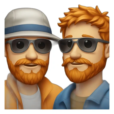 red haired man with beard wearing bucket hat and sunglasseshugging another person sticker