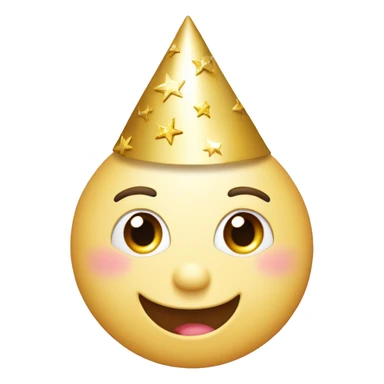 Happy face emoji: A round face, big warm smile, sparkling moon eyes. Eyebrows arched to express good humor, little gold stars near the eyes for a magical touch. Colored party hat slightly askew, rosy cheeks for a cute effect. WHITE FACE sticker