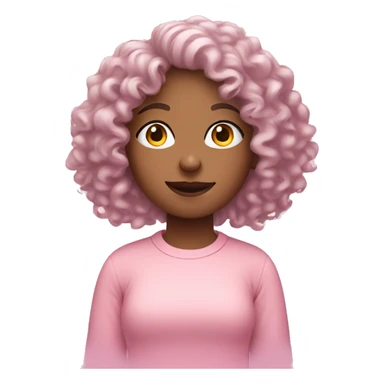 Curly haired girl dressed in pastel pink conducting a Podcast sticker