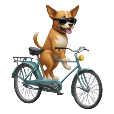 a dog with sunglasses riding a bike with a cat sticker