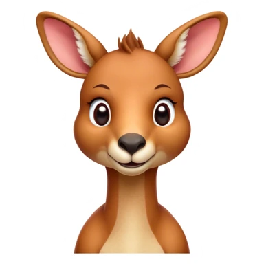 Cinematic Cute Adult Red Kangaroo Portrait Emoji, Head tilted playfully and inquisitively, showcasing a charming, robust build with soft reddish fur and a uniquely camel-like head featuring a gentle, elongated snout and rounded ears, with large, sparkling eyes full of wonder, Simplified yet irresistibly adorable features, highly detailed, glowing with a warm, friendly glow, high shine, affectionate and lively, stylized with a touch of outback whimsy, soft glowing outline, capturing the essence of a mischievous yet loving kangaroo that seems as if it could hop out of the screen into your arms! sticker
