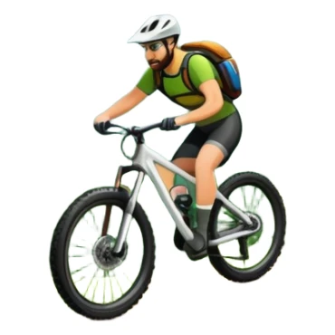An icon showing a mountain bike with thick tires on a forest trail, surrounded by trees and natural terrain. The background features a lush green forest with sunlight filtering through the branches, and a winding path ahead. Transparent background highlights the  adventure of mountain biking. sticker