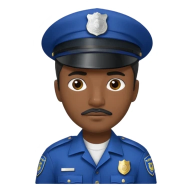 A police officer with dark skin tone, wearing a dark blue police cap with a silver badge in the center, short black hair mostly covered by the cap, large brown eyes, a small black mustache, and a neutral expression. sticker