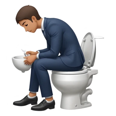 Man siting in a toilet bowl head down hands on the knee the side side view and dress sticker