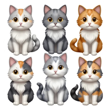 6 realistic looking cats with different natural coloured coats, assorted grey and white, greys, calico, brown and white colours etc
 sticker
