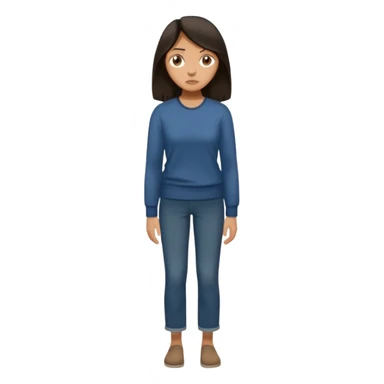 "Cartoon emoji of a woman with long, loose dark hair, wearing plain, simple clothes. Full-height, standing, nervous, unsure, worried expression. Slightly hunched, anxious posture. Smooth, simple, stylized." sticker