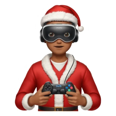 Homme photographe noir, week-end détente, équipé d’un appareil photo pro. Dans un décor Noël chaleureux, Père Noël à côté, sapin illuminé, lumières douces. L’homme porte un casque VR autour du cou ou sur la tête, et une manette PS 2025 dans la main libre. Ambiance festive, réaliste, couleurs nettes sticker