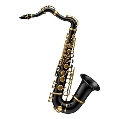 Create a detailed and unique emoji representing a black clarinet with a saxophone-style mouthpiece. The design should feature the sleek, dark wood finish of the clarinet, with its shiny metal keys clearly visible, but at the top, include the large, curved mouthpiece typical of a saxophone. The mouthpiece should have a reed, similar to the one used in a saxophone, with subtle details to indicate its function. Use dark wood tones for the body of the instrument and silver or brass accents for the keys. Add small musical notes or soundwaves around the instrument to evoke its smooth, melodic sound. The background should be transparent sticker