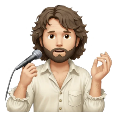solarpunk realistic ultra HD - pensive, messy, shaggy, bearded Jim Morrison in an ivory Victorian shirt, in an ecstatic dramatic pose, singing on stage sticker