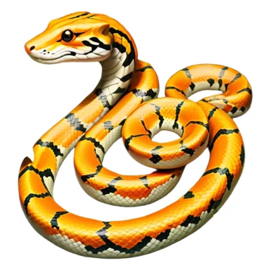 Tiger python coiled up on the ground, blending with the dense jungle foliage. Its distinct orange and black stripes stand out against the vibrant green of leaves and plants. Sunlight filters through the trees, highlighting the snake's patterned scales. Transparent background. sticker