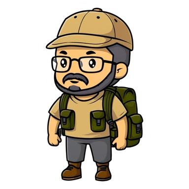 adventurer with goatee beard (no beard on cheeks), short hair, glasses, backwards military tan cap and backpack sticker