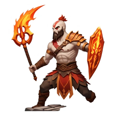 An icon showing a powerful warrior wielding a weapon, inspired by God of War: Ragnarok. The design captures the character’s strength, with dynamic motion lines. A fiery, mythological background with mountains and ruins enhances the epic atmosphere. Transparent background. sticker