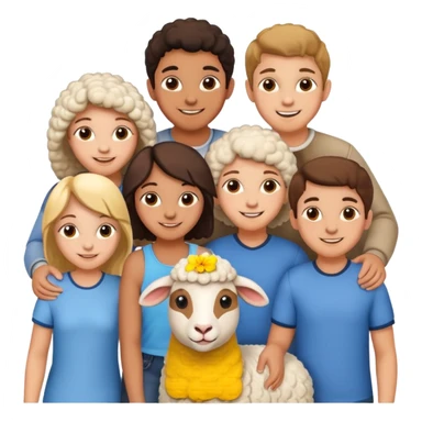 5 persons (3 girls and 2 boys) and a sheep sticker