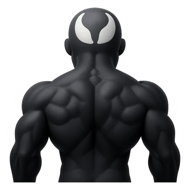 Make this character a full black Venom, keeping the rear back view and muscular details, in the style of apple emojis with concise style and colors. sticker