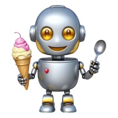 The cute robot is holding dessert in its hands, 3d emoji sticker