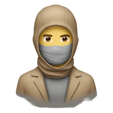 a guy with a light brown suit and a grey balaclava with "N." written on it sticker
