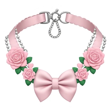 Pastel-baby-rose-pink Lolita-styled aesthetic cute kawaii choker-collar-necklace adorned with with white frills, roses, hearts, bow tie, silver chains, sakura, apparel separated  sticker