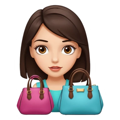 Glam brunette girl with eyelashes and fa looking left and right between two purses, playful puzzled expression — can’t decide between two options sticker