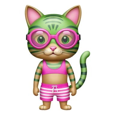 Green cat wearing pink scuba goggles and striped swim shorts sticker