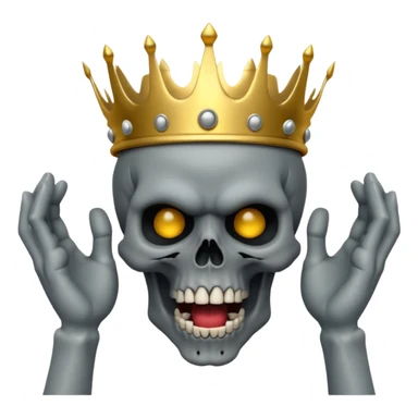Demonic 3D skull holding its head by its two hand in shock, mouth open, wearing a golden crown, dark horror vibe sticker