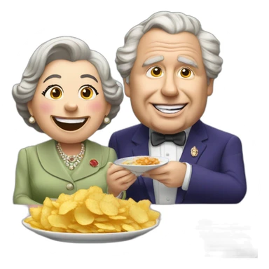 Queen Elizabeth II eating chips and gravy with Russell grant sticker