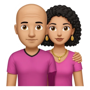 A picture if a couple. the man is a Mexican man with tanned skin, black hair, a bald hair cut, short boxed beard, and with a black t-shirt on. the woman is mixed with black and white, with brown curly long hair, gold earrings, a gold necklace and a pink shirt on and big boobs sticker