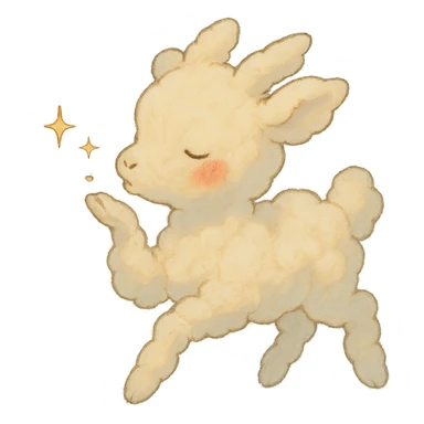 vanilla-colored cloud doe with rosy cheeks, floating gently while blowing a kiss with sparkles, soft ghibli style sticker
