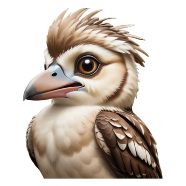 Cinematic Comical Kookaburra Portrait Emoji, Head tilted dramatically with an exaggeratedly amused expression, featuring a strikingly patterned brown and cream plumage with wide, expressive eyes filled with playful disbelief, Simplified yet hilariously expressive features, highly detailed, glowing with a slightly sassy glow, high shine, dramatic yet playful, stylized with an air of cheeky bushland mischief, bright and endearing, soft glowing outline, capturing the essence of a spirited and over‐the‐top kookaburra, so meme‐worthy it feels like it could cackle its way into internet fame instantly! sticker