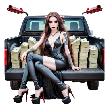 Lilith symbol red eye seductress evil long brown haired sexy succubus woman with leather long dress with slit, sitting in Big Large F350 pickup truck. Black Platform high heels on feet. Tattoo sleeve , seat full of stacks of cash, and a man dead human skull of her enemies and a gun in other hand sticker