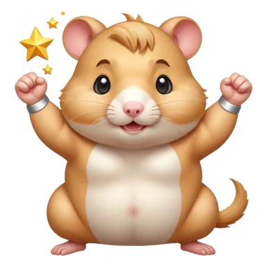 Cute chubby cartoon-style hamster flexing tiny arms like a bodybuilder, sparkles around it, triumphant expression. Painterly shading, white background, sticker-style illustration. sticker