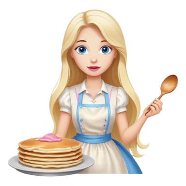 Cinematic realistic beautiful blonde with long hair, blue eyes and pink lips in a white dress cooks pancakes sticker